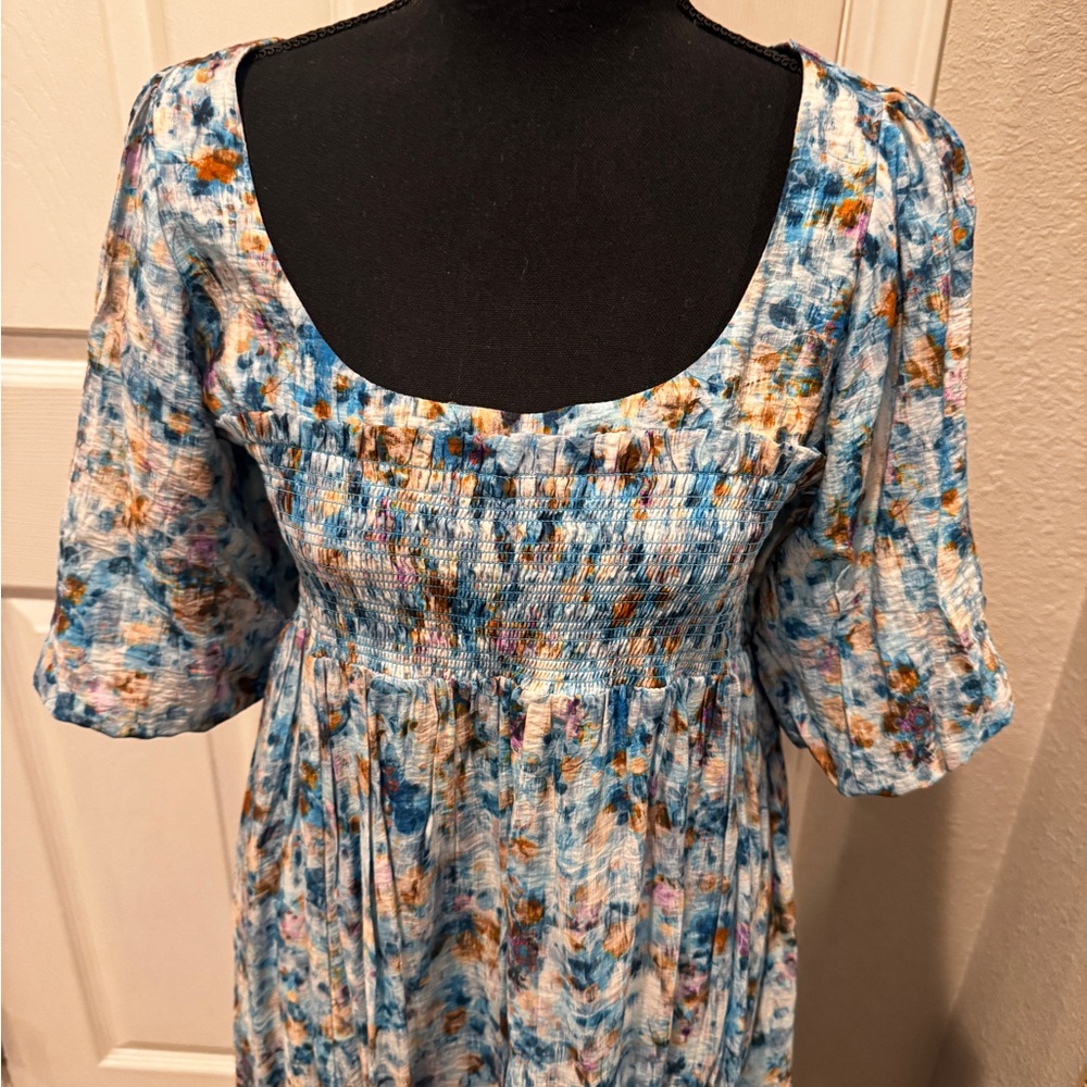 Anthropologie Cream and Light Blue Striped Smocked dress